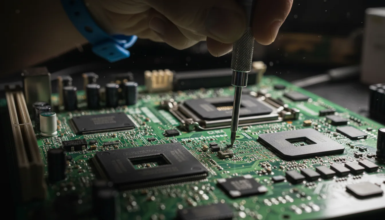 Macro DSLR photograph of a technician's hand using a small screwdriver to repair a complex piece of computer hardware. The sharp focus is on a vibrant green printed circuit board with metallic silver components and slots, while the hand and the dark workshop background are heavily blurred with a soft bokeh effect. Cinematic contrast lighting highlights the intricate details of the electronics against deep shadows, creating a focused and technical atmosphere.