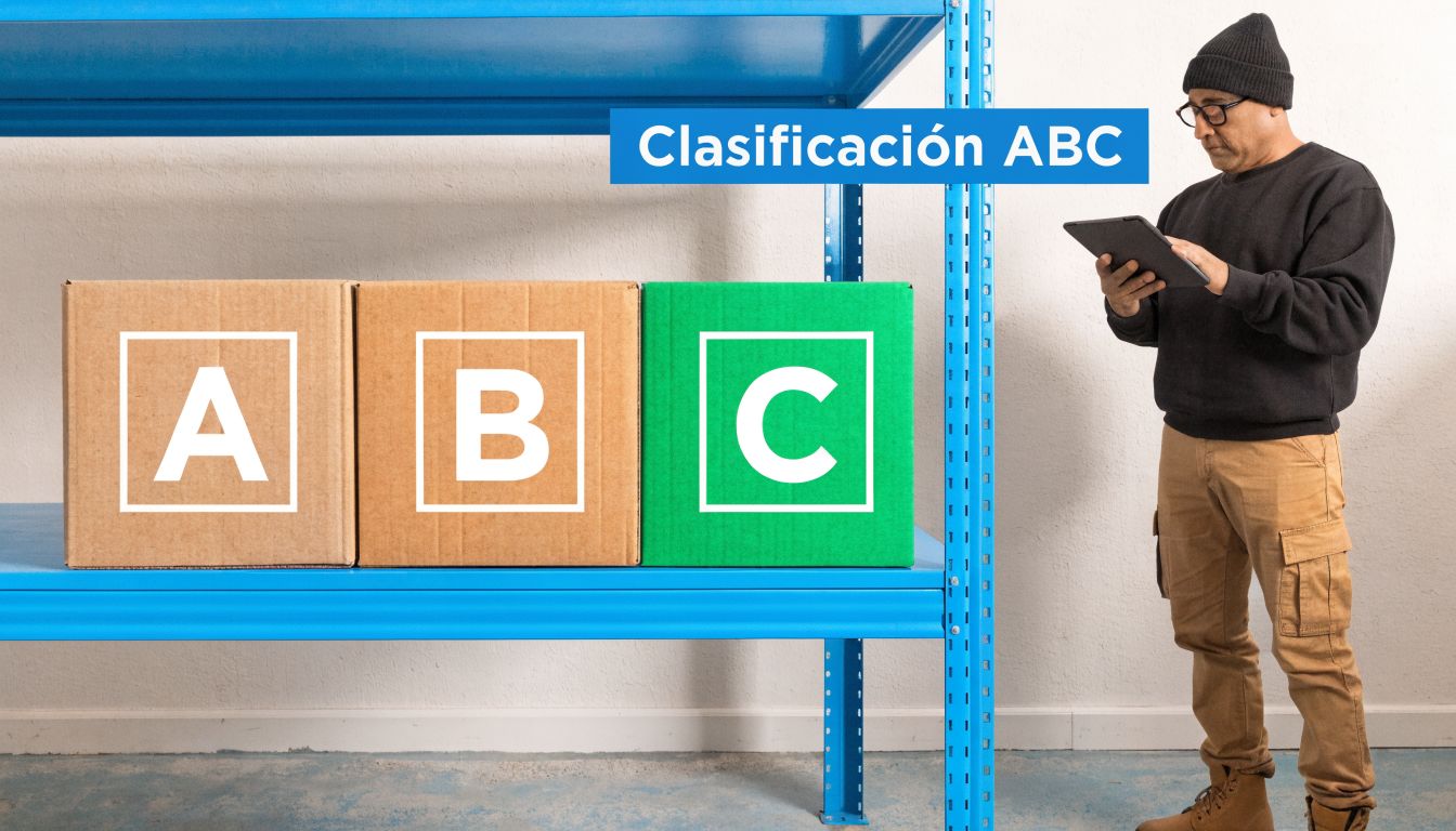 Hombre con gorro y tableta analizando cajas marcadas con letras A, B y C en un estante.