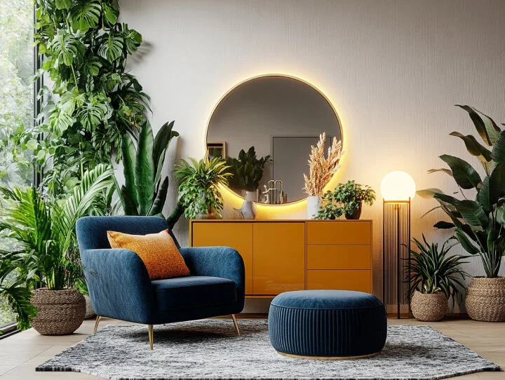 Modern living room with a blue armchair, round mirror, and indoor plants creating a cozy, stylish interior design