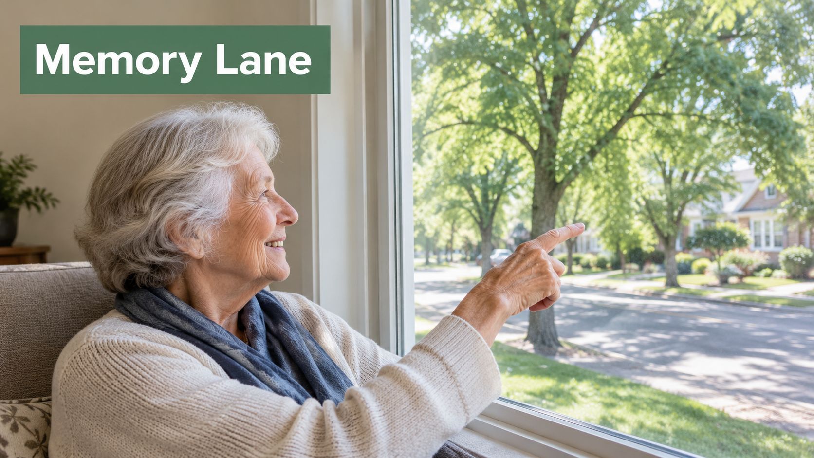 An elderly woman sitting by a window, pointing outside as she looks at the neighborhood view.