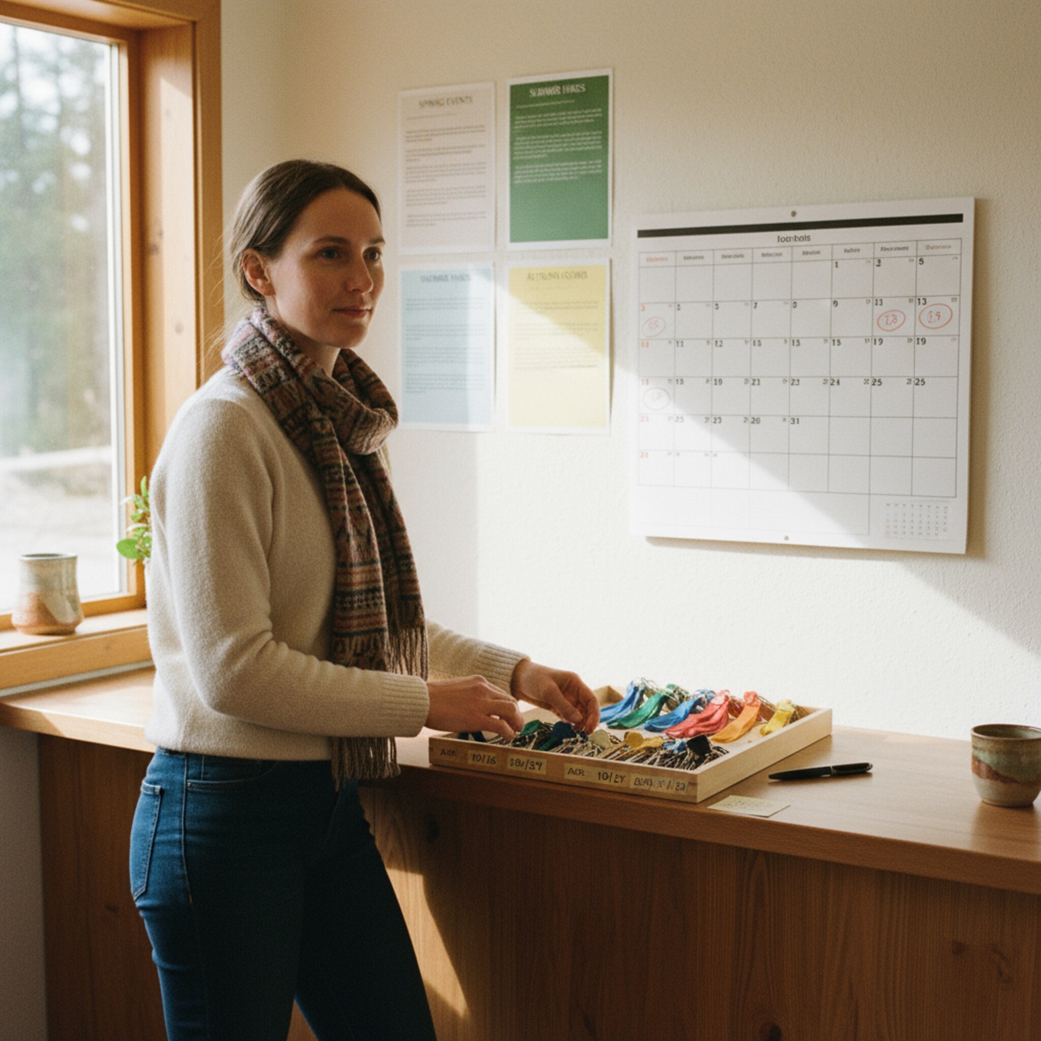 In der Rezeption ordnet eine Mitarbeiterin farbcodierte Schlüsselbänder neben einem großen Wandkalender. Durch das Fenster fällt warmes Licht auf sauber beschriftete Saisonhinweise. Auf dem Tresen liegen Notizzettel mit An- und Abreisetagen. Die Szene vermittelt Struktur und klare Abläufe.