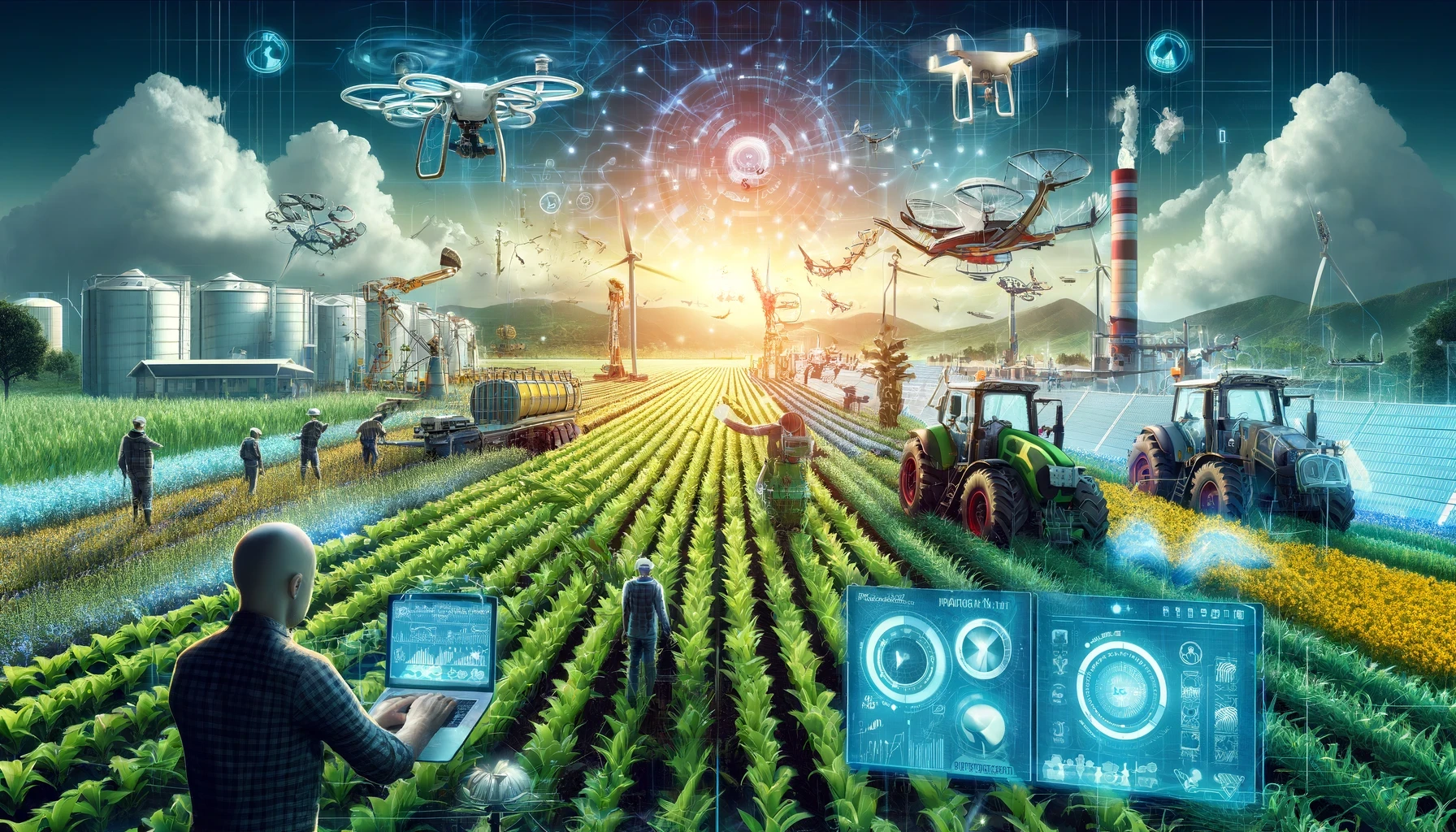 The image portrays a futuristic agricultural setting where advanced technology is heavily integrated into farming practices. Key elements of the image include:  Drones and UAVs: Numerous drones are flying over the fields, equipped with various sensors and cameras. These drones are likely used for crop monitoring, precision farming, and applying treatments such as pesticides and fertilizers.  Autonomous Machinery: The fields are populated with high-tech farming machinery, including autonomous tractors and harvesters. These machines are working efficiently in the well-organized rows of crops, showcasing automation in agriculture.  Digital Interface: In the foreground, a person is using a laptop with a holographic display to monitor and control the farming operations. The interface shows various data analytics, real-time monitoring, and control panels, indicating the use of IoT and big data in farming.  Robotic Arms: Robotic arms are seen performing tasks like planting and harvesting, further emphasizing automation and precision in agricultural activities.  Crop Rows: The fields are meticulously organized into rows of diverse crops, showing the efficiency and productivity of this high-tech farming approach.  Advanced Irrigation Systems: The irrigation system in place seems sophisticated, likely using precision watering techniques to optimize water use and ensure uniform crop growth.  Silos and Storage Facilities: In the background, there are several large silos and storage facilities, indicating an efficient system for storing and managing harvested crops.  Power and Connectivity: The scene includes power lines, wind turbines, and possibly solar panels, suggesting the integration of renewable energy sources. The presence of connected devices and infrastructure highlights the importance of connectivity in this smart farming ecosystem.  Scientific and Research Elements: The image also shows elements of scientific research and development, such as laboratory facilities and research personnel, indicating ongoing innovation and improvement in agricultural practices.  Digital Network: The overlay of a digital network throughout the image represents the interconnectedness of all technological elements, facilitating real-time data exchange and seamless operation of the entire agricultural system.  This image illustrates a vision of agriculture where technology, automation, and data analytics work together to create a highly efficient, productive, and sustainable farming ecosystem.