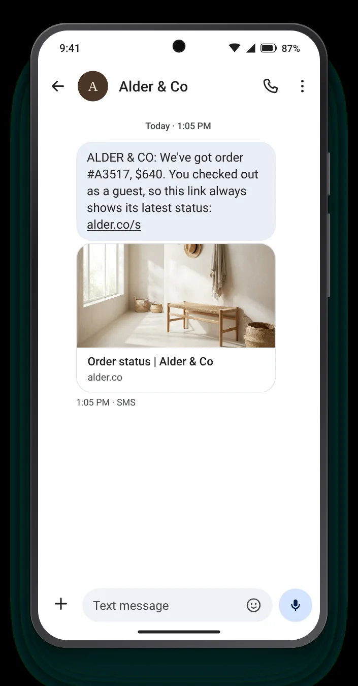 No account, still one link to the status order confirmation text on an Android phone