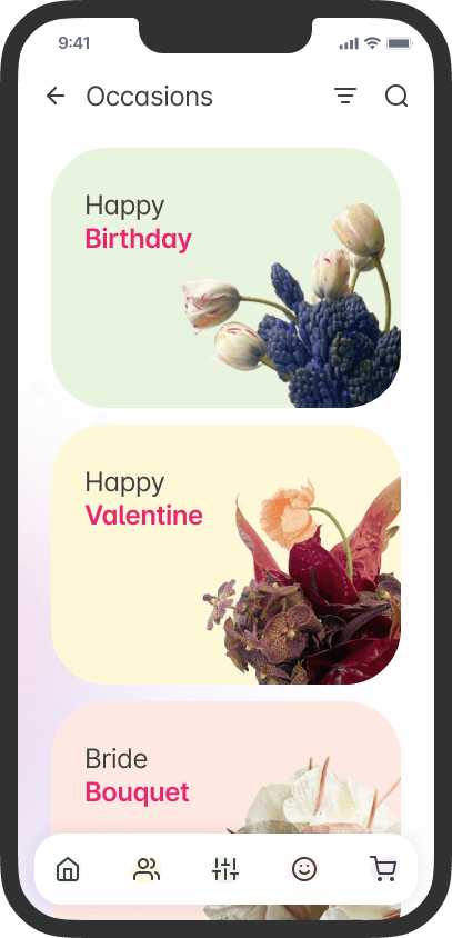 Smartphone screen showing a flower selection catalog in a bouquet-building mobile application.