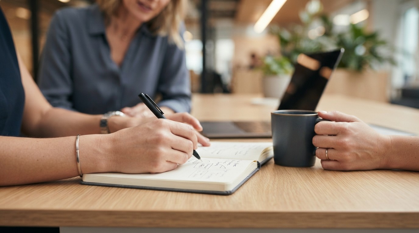 Two professionals collaborating on notes at a desk