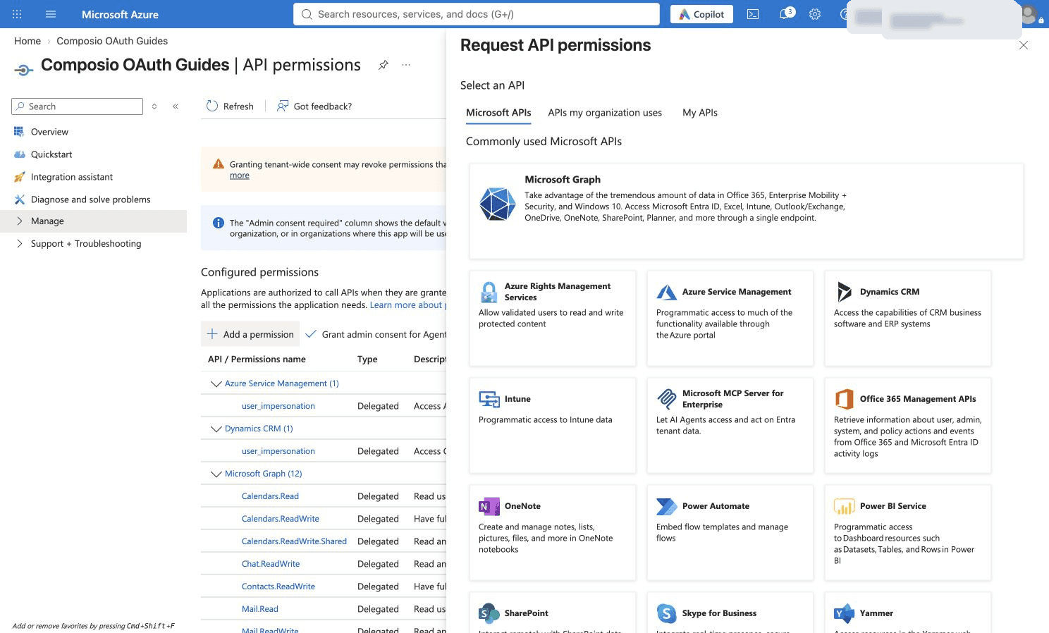 Microsoft Graph in the API picker