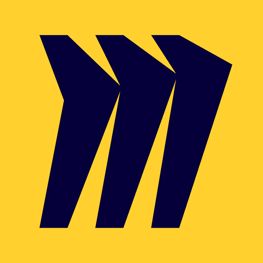 Miro logo: Three bold, navy blue chevrons or forward-facing arrows on a bright yellow square background. Represents forward momentum and collaboration in Lucas Ostrowski's visual thinking and project planning process