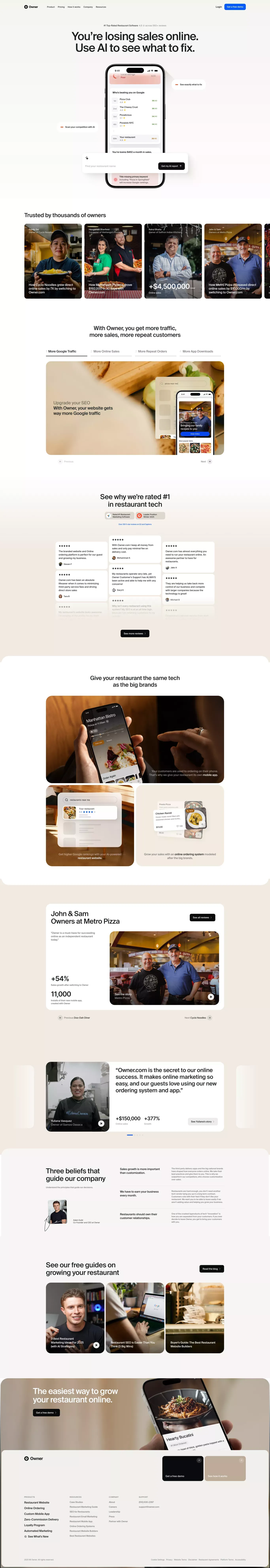 Online Ordering and Restaurant Marketing landing page screenshot showcasing AI and Food & Drinks design