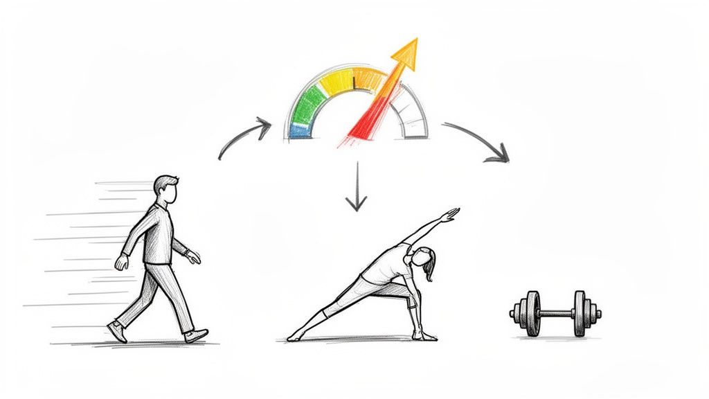 Illustration of physical activities like walking, yoga, and weightlifting to boost energy.
