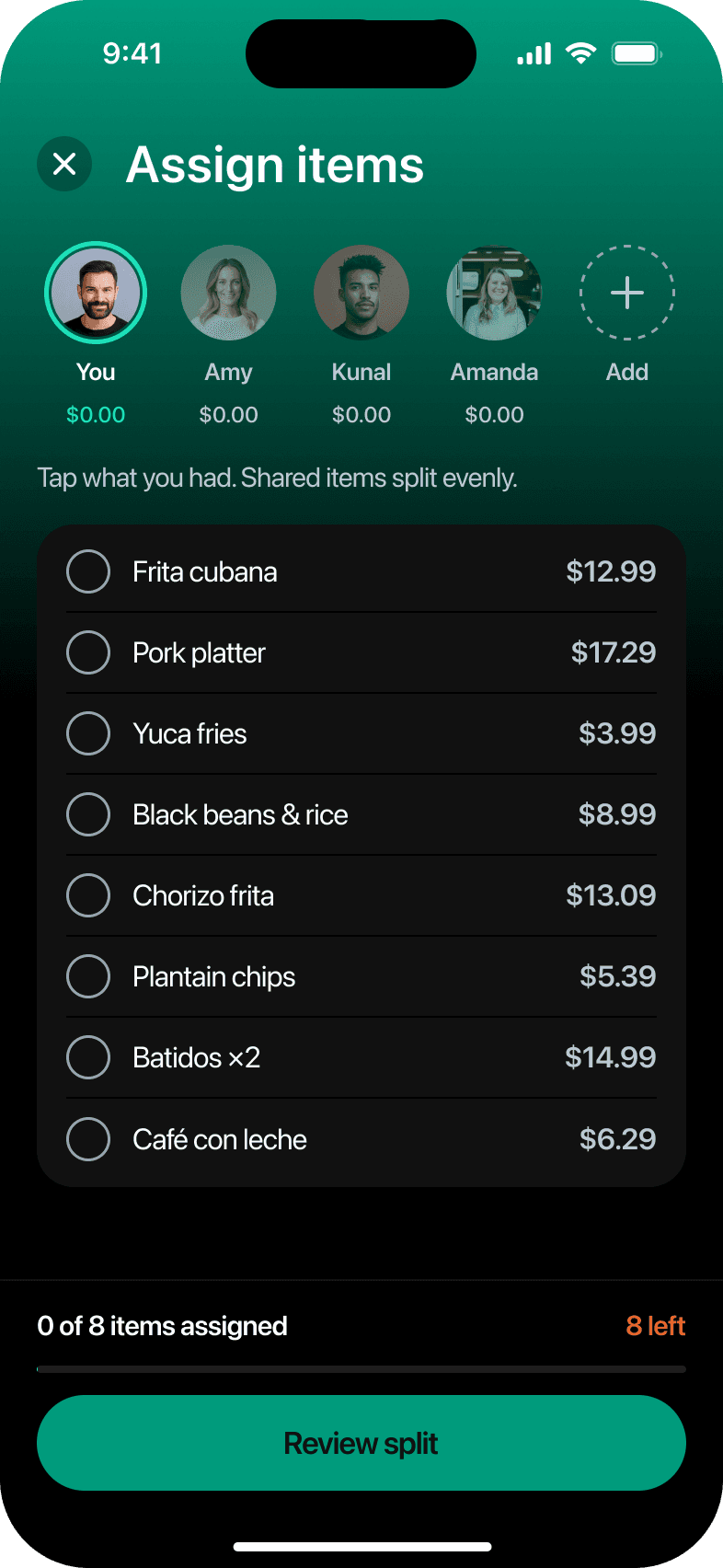 Assign items, with you selected and nothing assigned