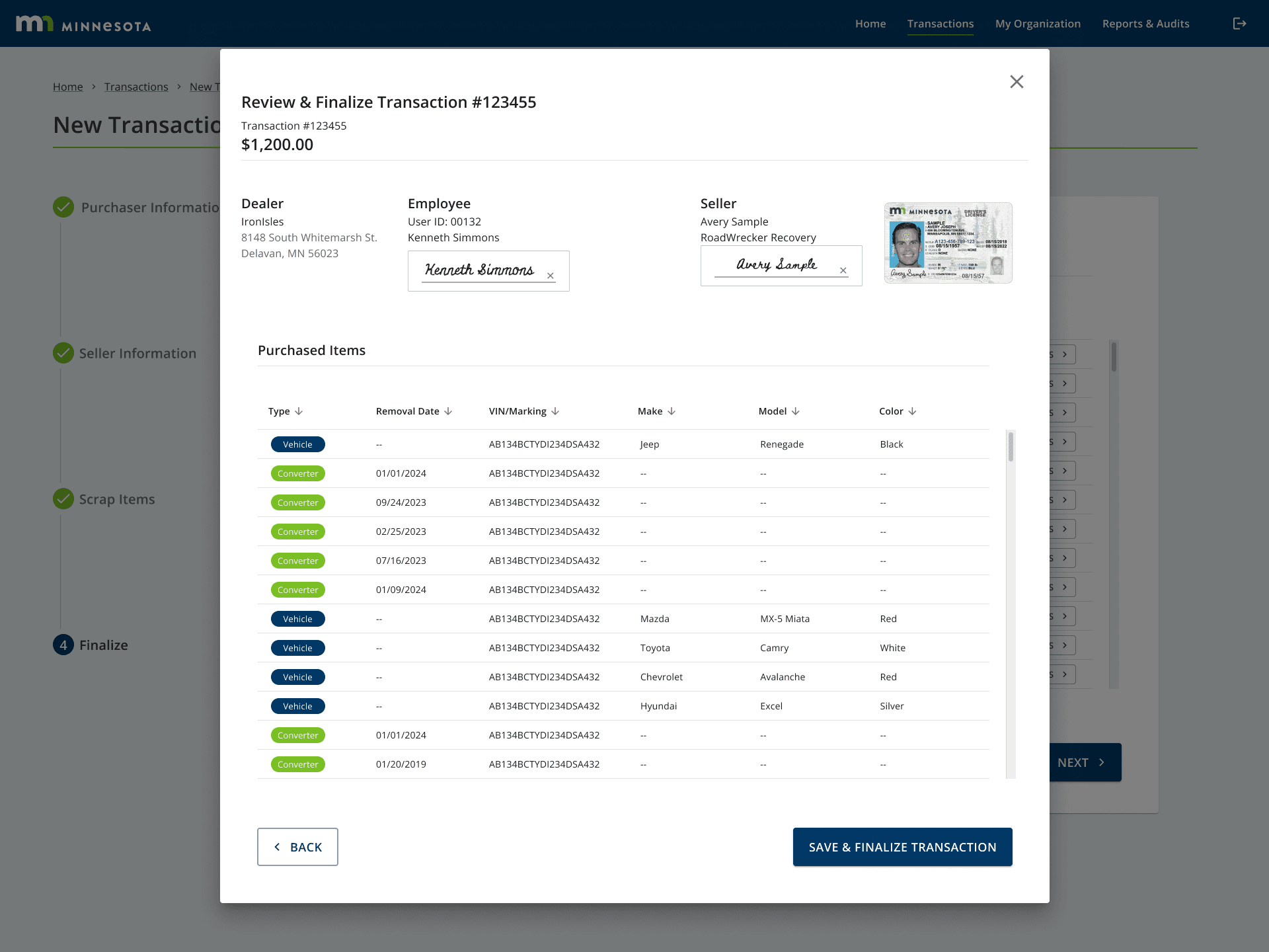 Review and Finalize Transaction screen with dealer, seller, signatures, items, and total.