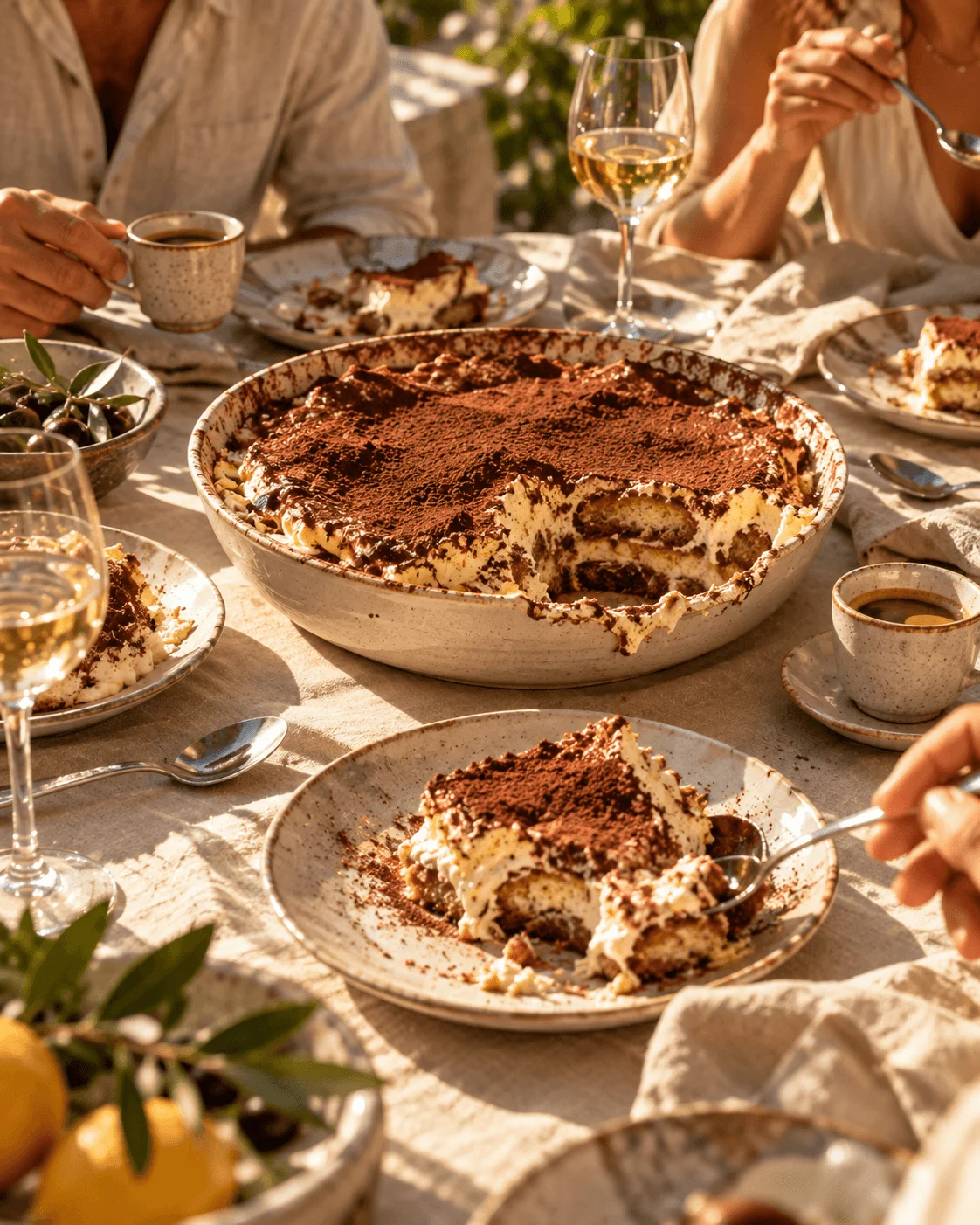 Tiramisu served at the table with coffee and wine