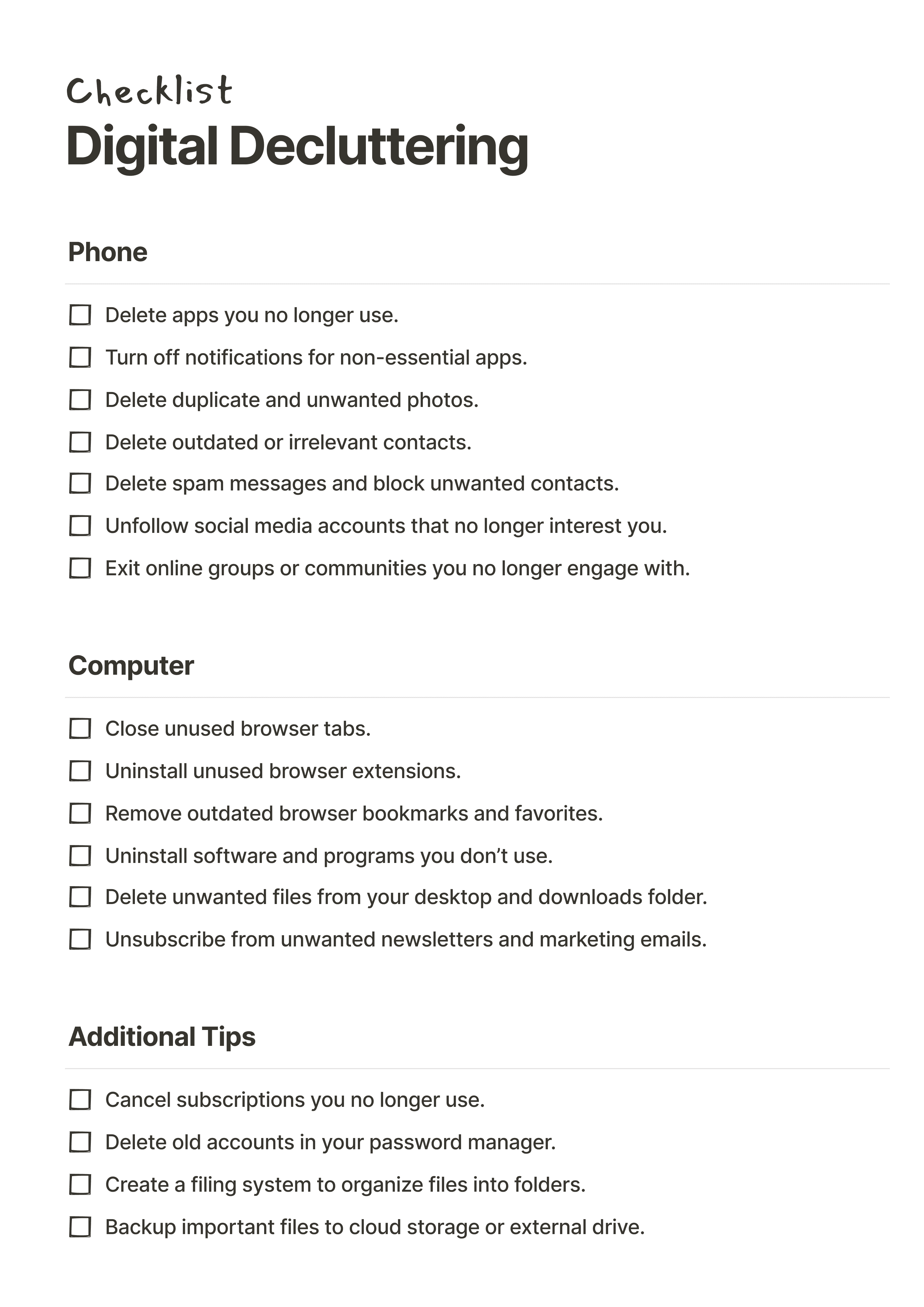 Digital Decluttering Checklist