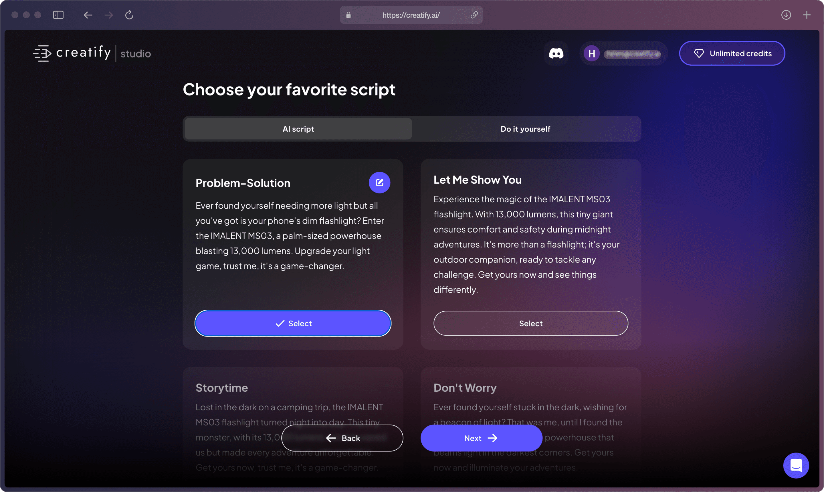 A screenshot of Creatify AI app on the “Review scripts” page with several script options under “AI scripts” purple bracket.