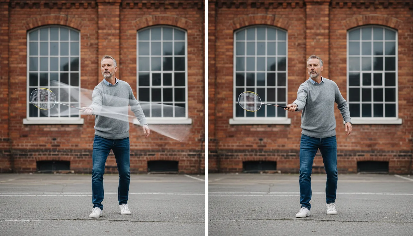 DSLR photography, split-screen comparison shot of a middle-aged man in a grey sweater and blue jeans swinging a badminton racquet horizontally. The background is a red brick building with large multi-pane windows. The left panel shows extreme motion blur on the racquet, rendered as a wide semi-transparent streak. The right panel shows the same action with much less motion blur, where the racquet is more clearly visible. The scene is shot in overcast natural daylight with sharp focus on the man and the building.