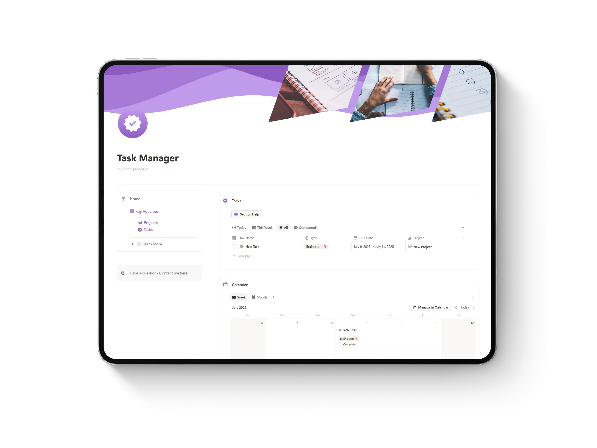 Thumbnail of Notion template for teachers and education featuring an iPad mockup displaying ‘Task Manager’ title with vibrant purple accent colors.