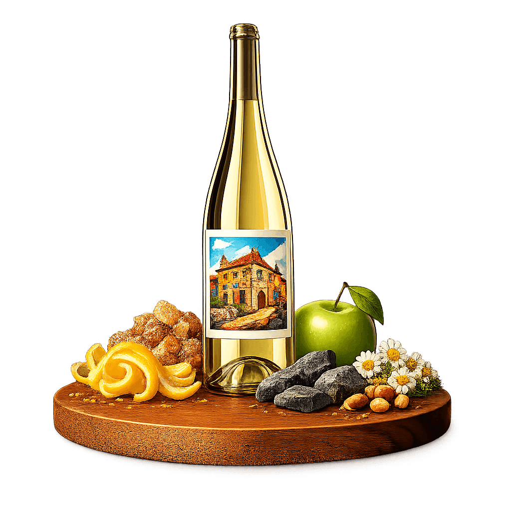 Artistic label and flavor profile for Portuguese Encruzado on a rustic wooden table.