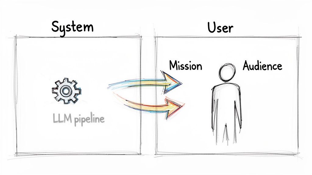 Diagram showing an LLM pipeline system interacting with a user, considering their mission and audience.