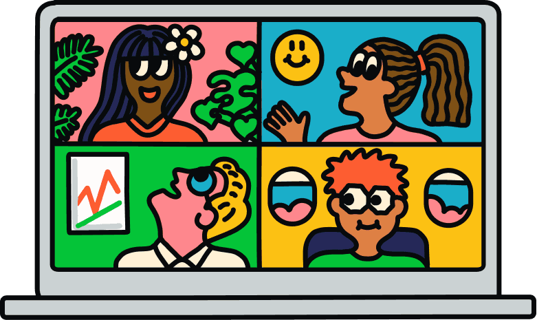 Illustrated laptop showing a colourful four-person video call.