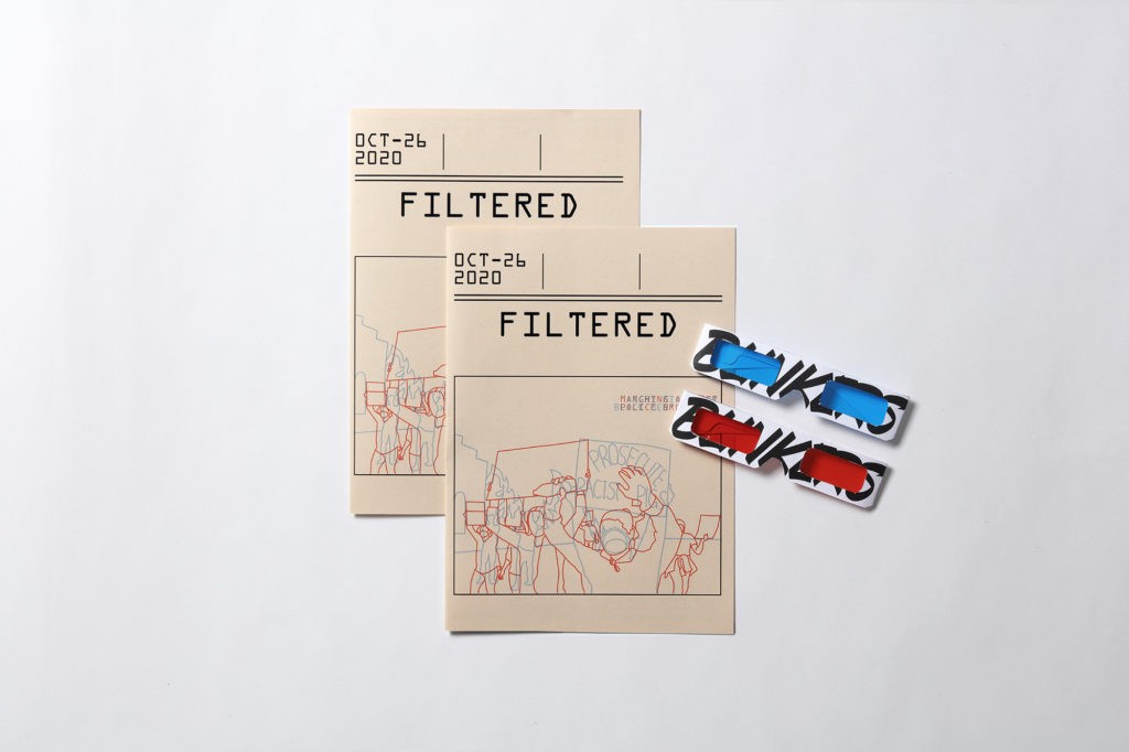 A cover of a flyer with a drawing representing a crowd and some text with the title: FILTERED. There are also a pair of blue and red tinted cardboard glasses with the word BLINKED on them.