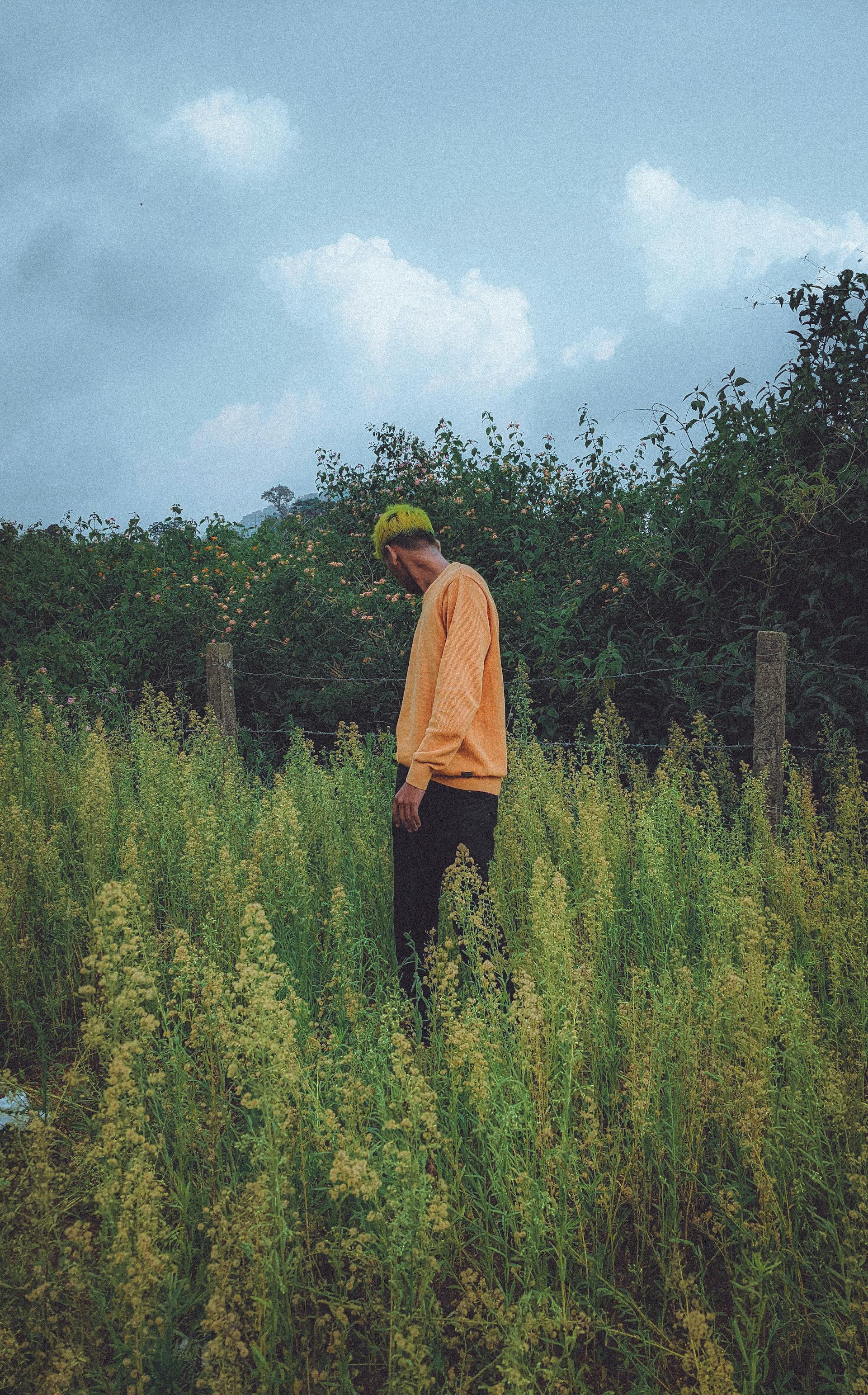 A person in an orange sweatshirt and bright beanie stands in a field of tall weeds