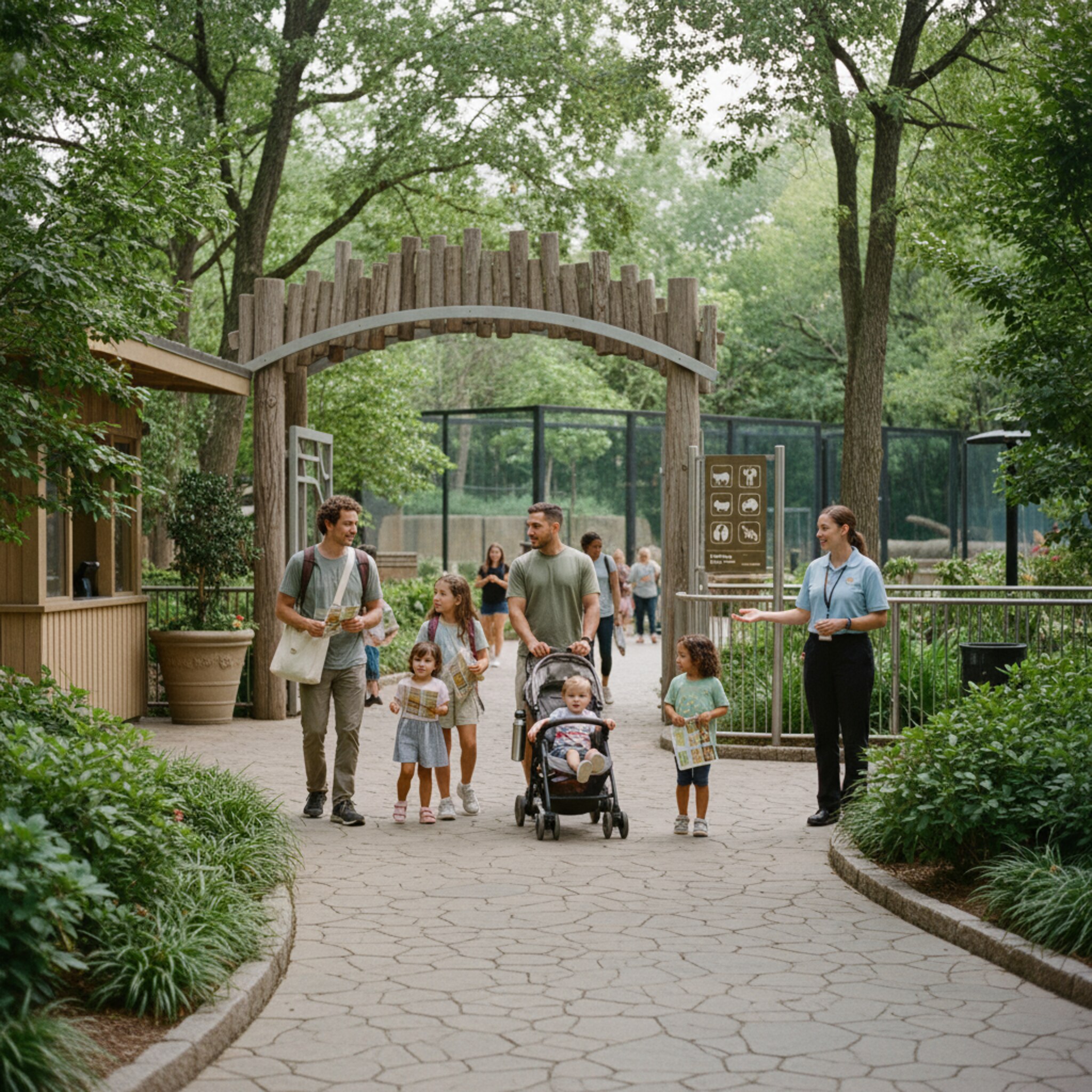 Ein Zooeingang mit begrünten Wegen, Familien bewegen sich in kleinen Gruppen durch ein offenes Tor. Kinder halten Programmhefte, ein Mitarbeiter weist den Weg zur nächsten Fütterung. Sonnenlicht glitzert auf Metallgeländern, im Hintergrund sind Tiergehege angedeutet. Alles wirkt flüssig organisiert und entspannt.