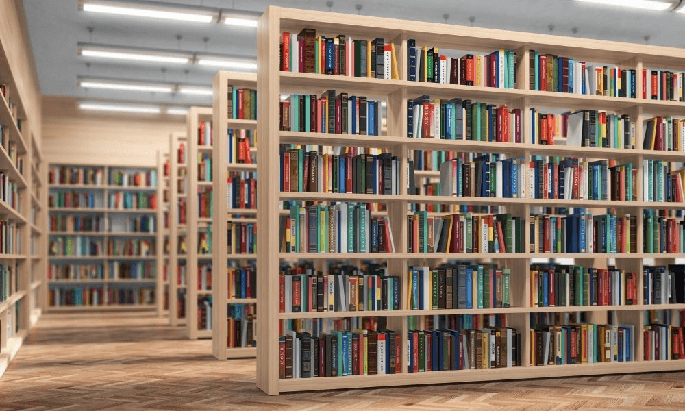 A spacious library interior with tall bookshelves filled with colorful books, illuminated by natural light.