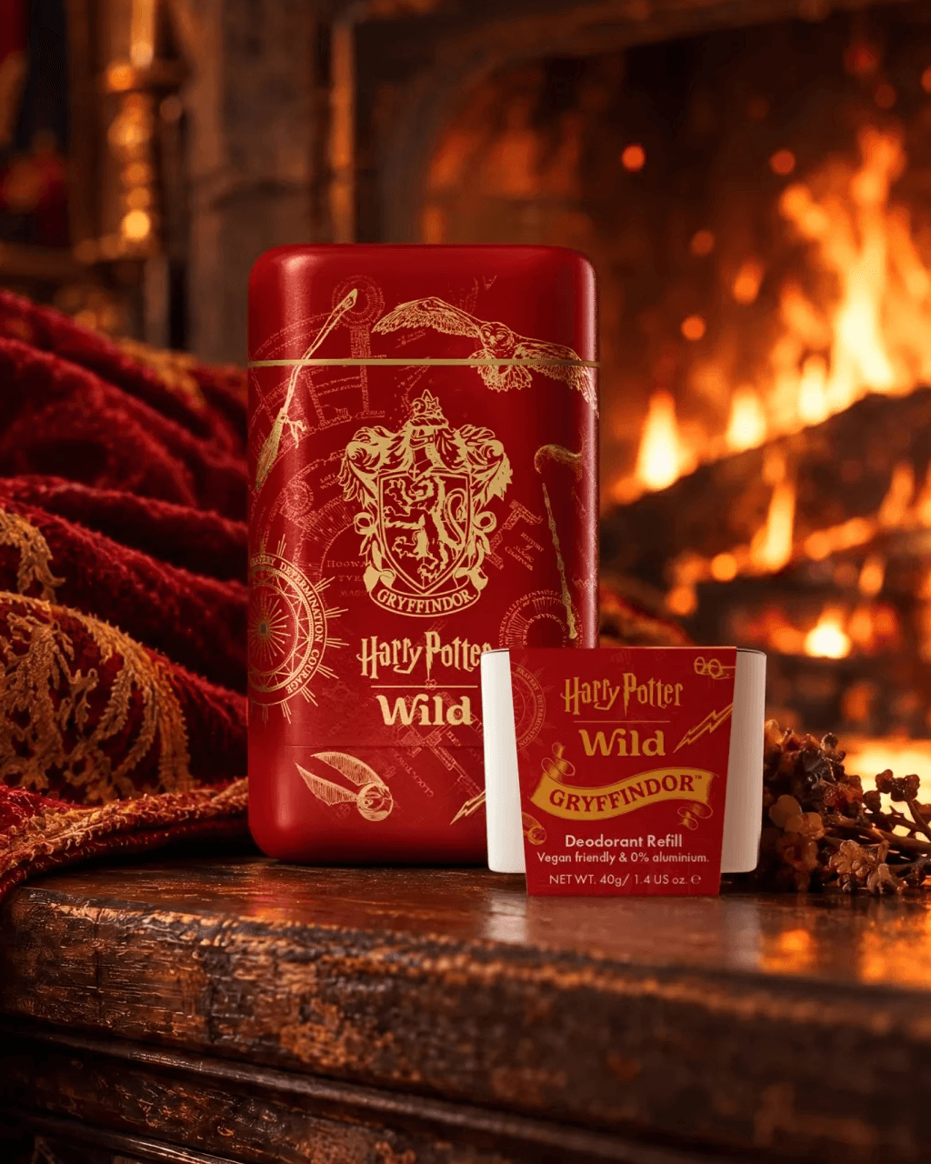 Harry Potter Wild Gryffindor deodorant case and refill on a wooden mantel by a fireplace