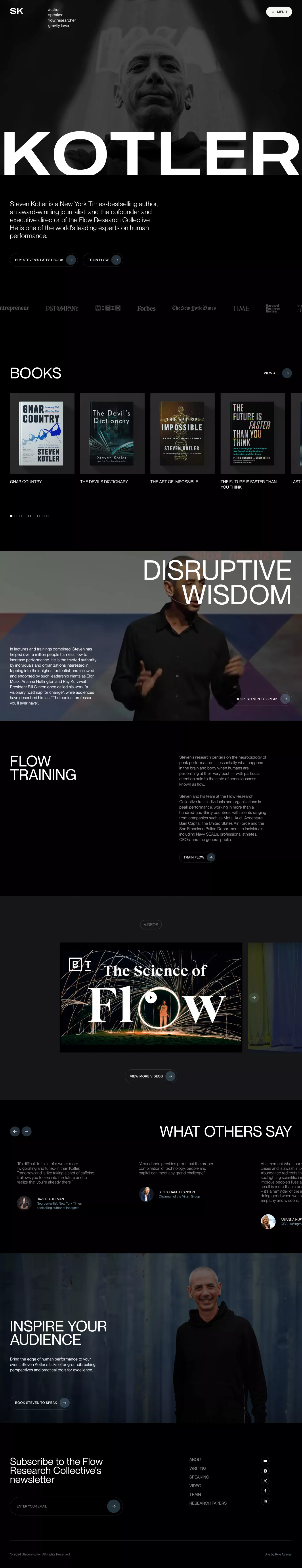 Steven Kotler: Author and Speaker portfolio page screenshot showcasing Writing design