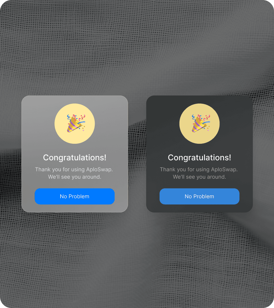 Transaction success screen confirming a completed Aplocoin swap with clear status and next‑step hints.