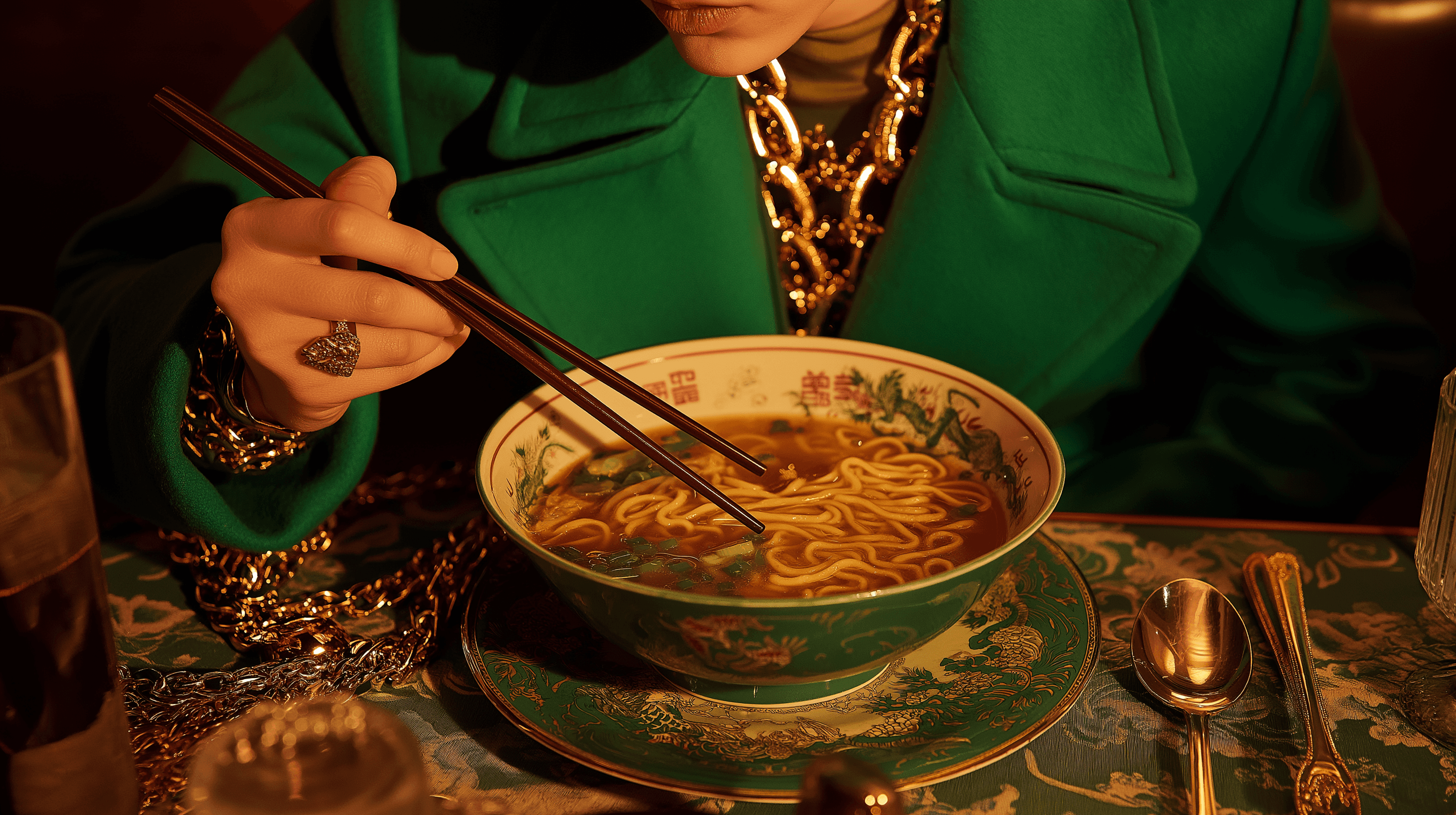 woman eating noodles with chopsticks