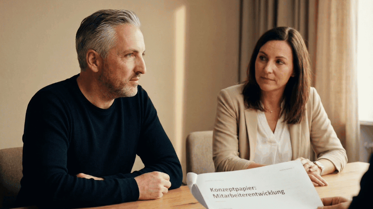 Hannes Weindorf bespricht betrieblichen Hinterbliebenenschutz in einfühlsamer Atmosphäre mit einer HR-Leiterin