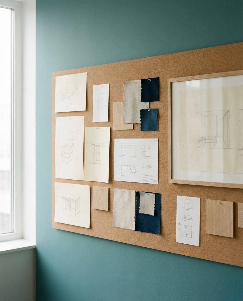 A corkboard on a teal wall displays various architectural sketches and fabric samples. The arrangement conveys a creative and organized workspace.