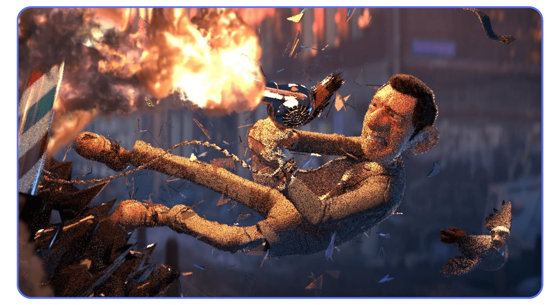A stylized 3D animation scene showing a man being thrown backward through shattered glass as a large explosion erupts behind him, rendered with dynamic lighting and particle effects.