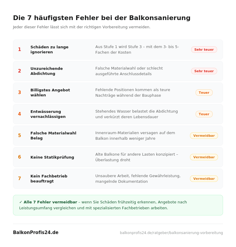 Die 7 häufigsten Fehler bei der Balkonsanierung – von Schäden ignorieren bis keinen Fachbetrieb beauftragen, mit Kostenauswirkung pro Fehler