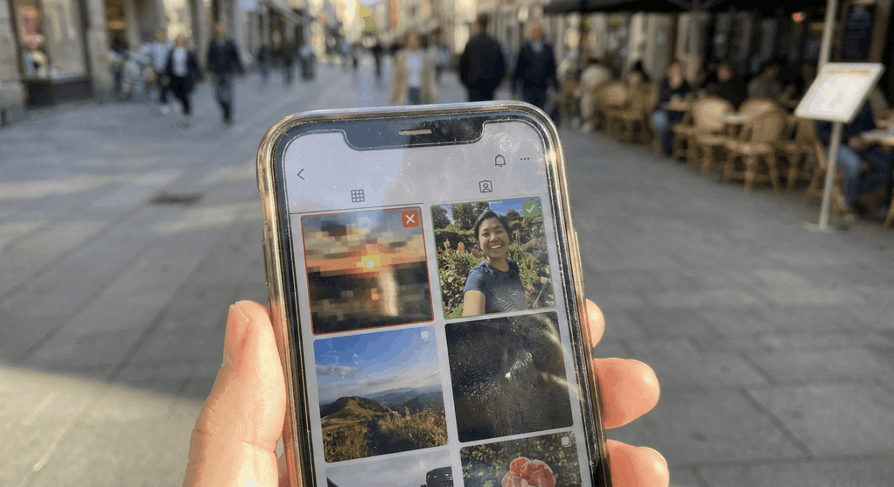 Close-up of a smartphone screen displaying a social media profile grid, comparing a pixelated, blurry photo labeled with a red X against a crystal-clear, high-resolution image labeled with a green checkmark.