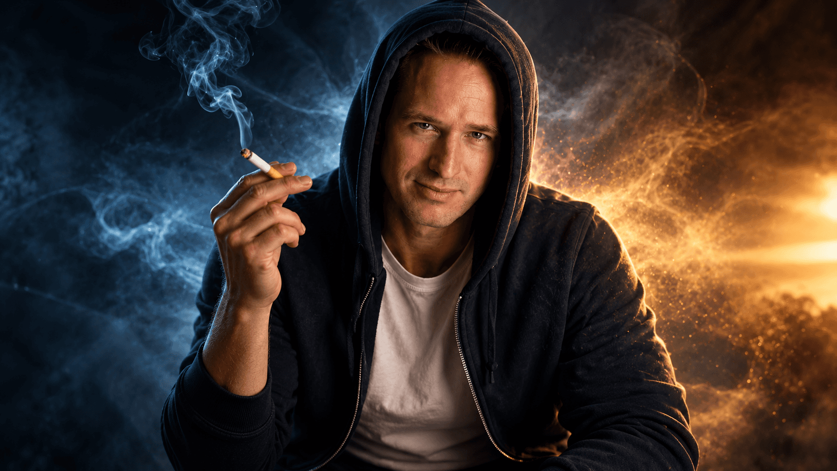 Hooded man in blauwe en gouden rook