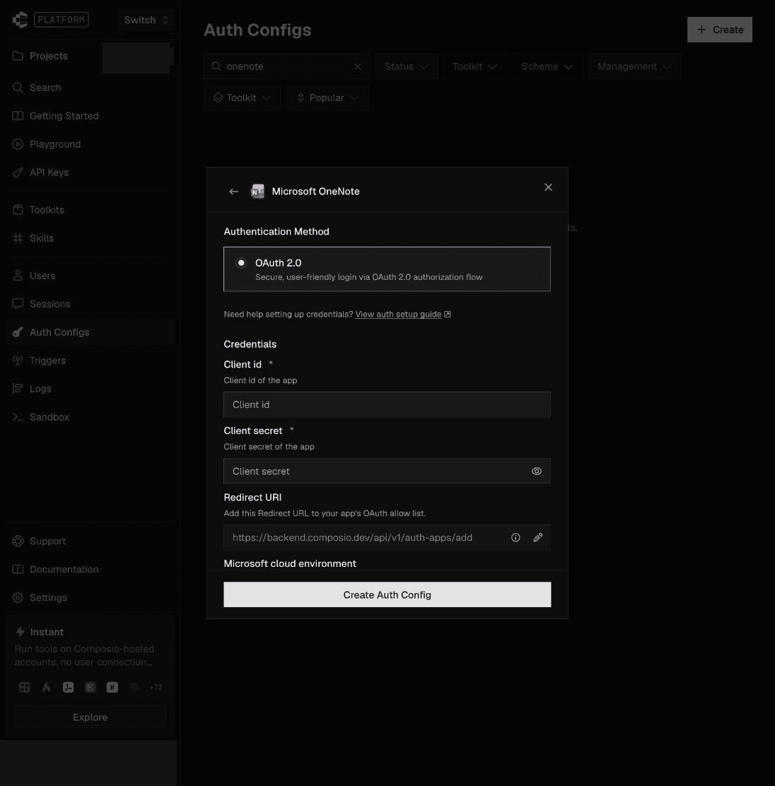OneNote OAuth settings