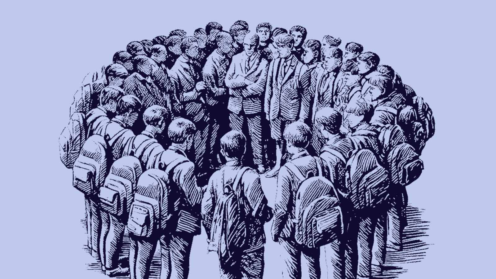 Ilustración que muestra a escolares formando un círculo y un profesor, en la carta al director Revertir la crisis de autoridad de IdeaPaís.