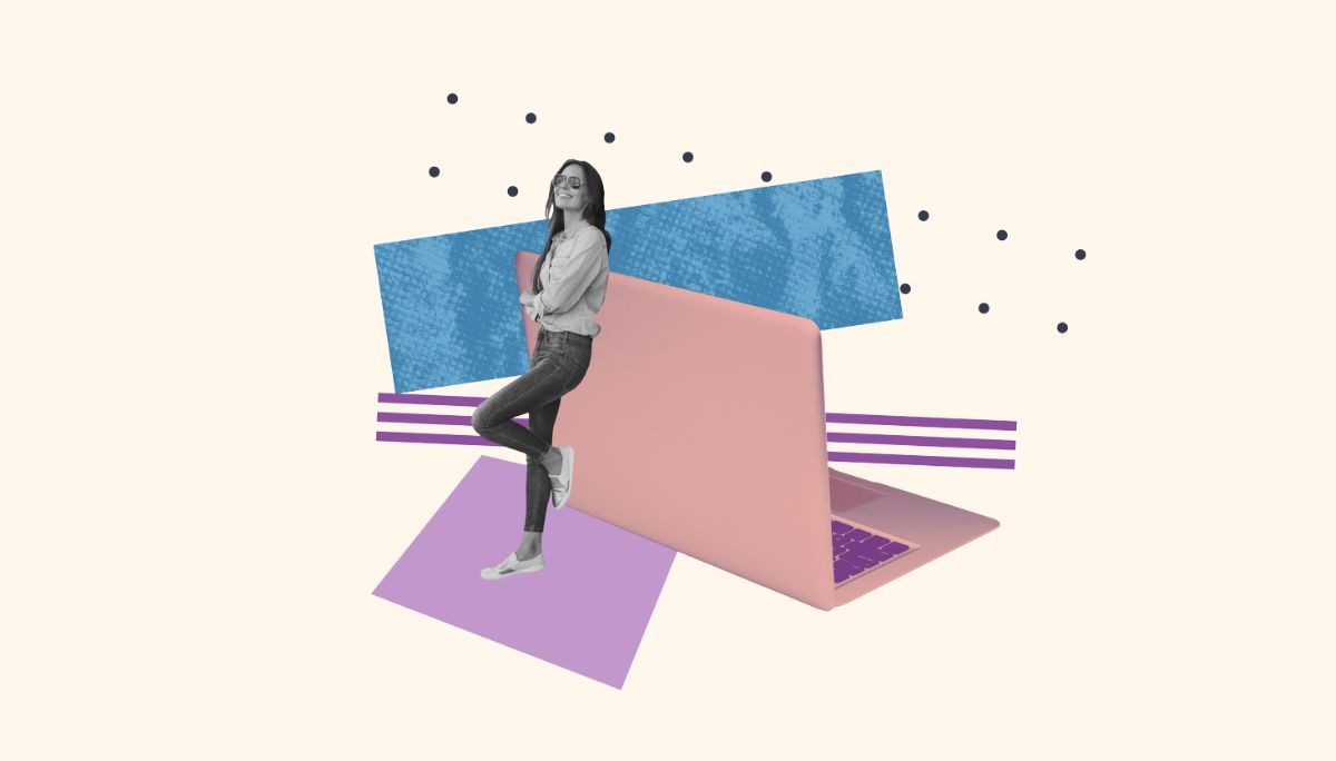 Stylized collage of a person leaning against a large orange laptop with abstract geometric shapes, symbolizing coding, builders, and tools for creating APK files.