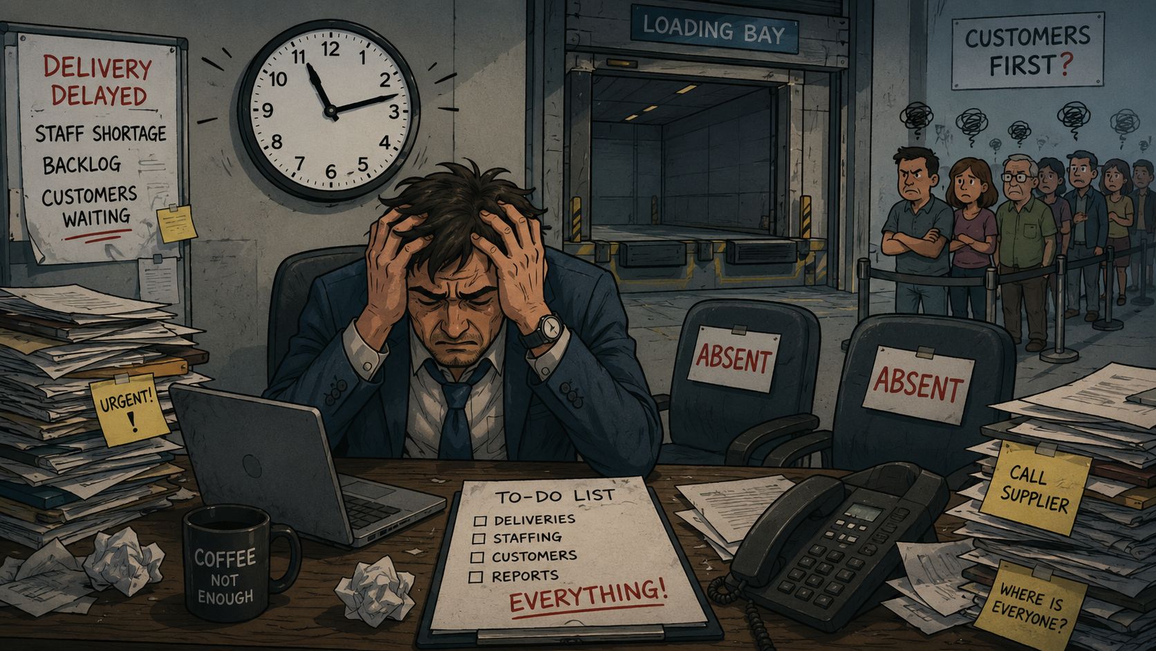 A stressed office manager sits overwhelmed at a desk with piles of work and unsatisfied customers waiting.