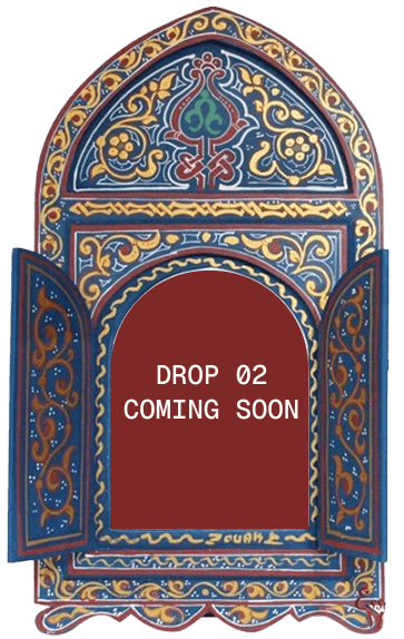 Decorative arched window graphic in blue and gold with ‘Drop 02 Coming Soon’ in the center.