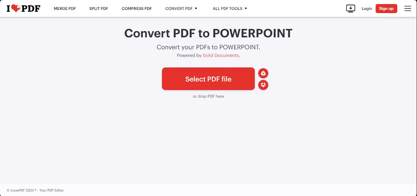 iLovePDF logo, a quick and easy PDF conversion tool offering online services for PowerPoint and more.