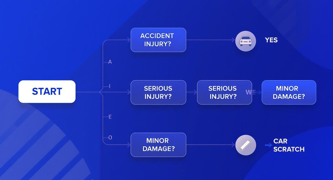 Insurance claim decision flowchart showing accident injury assessment and damage evaluation process
