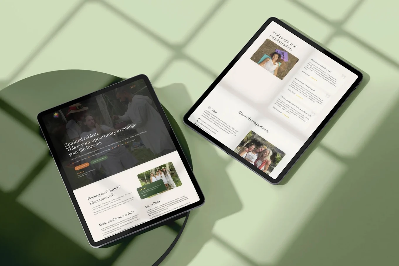 Responsive wellness website design displayed across two tablet devices