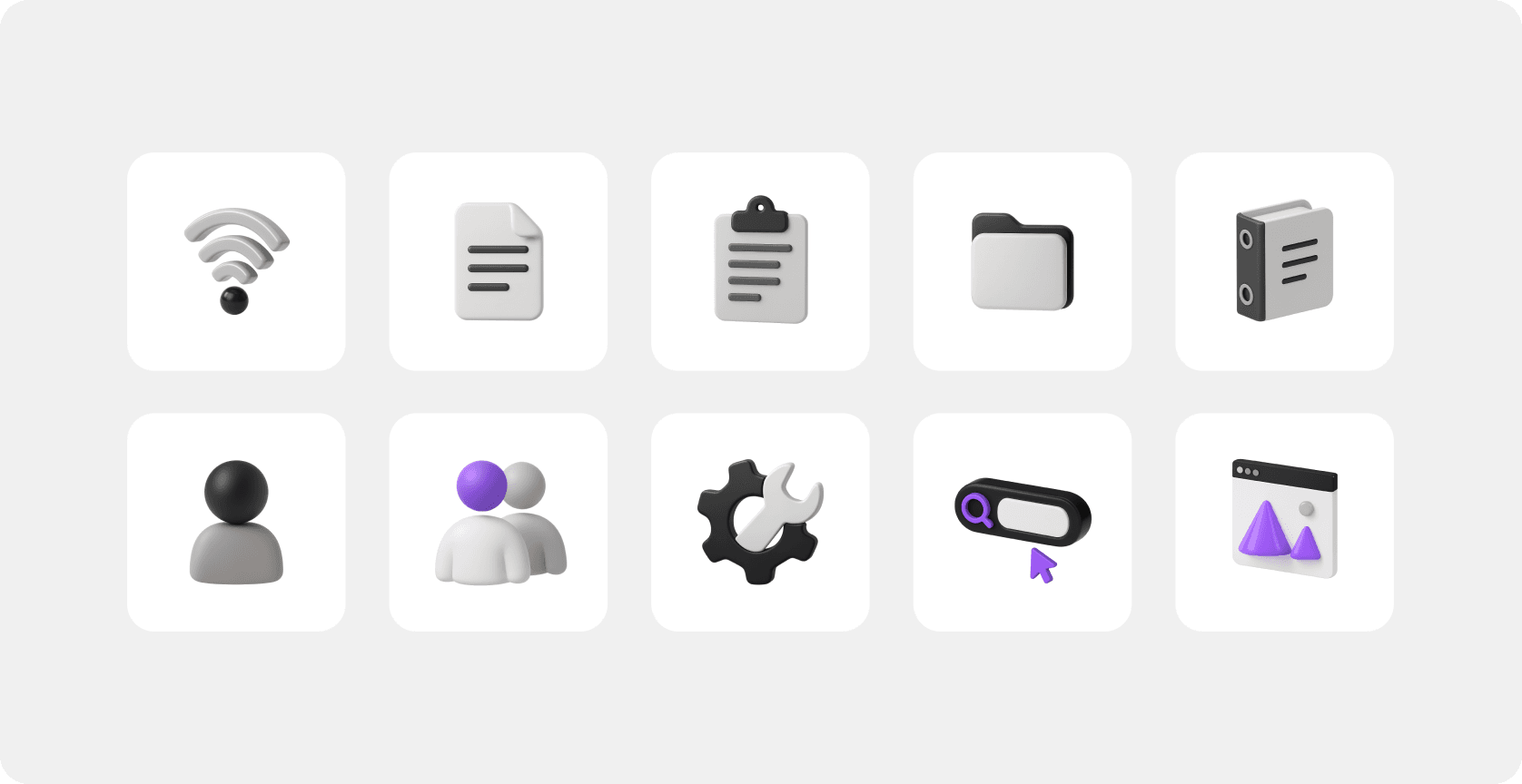 Set of 3D icons including Wi-Fi, documents, folders, people, tools, and UI elements