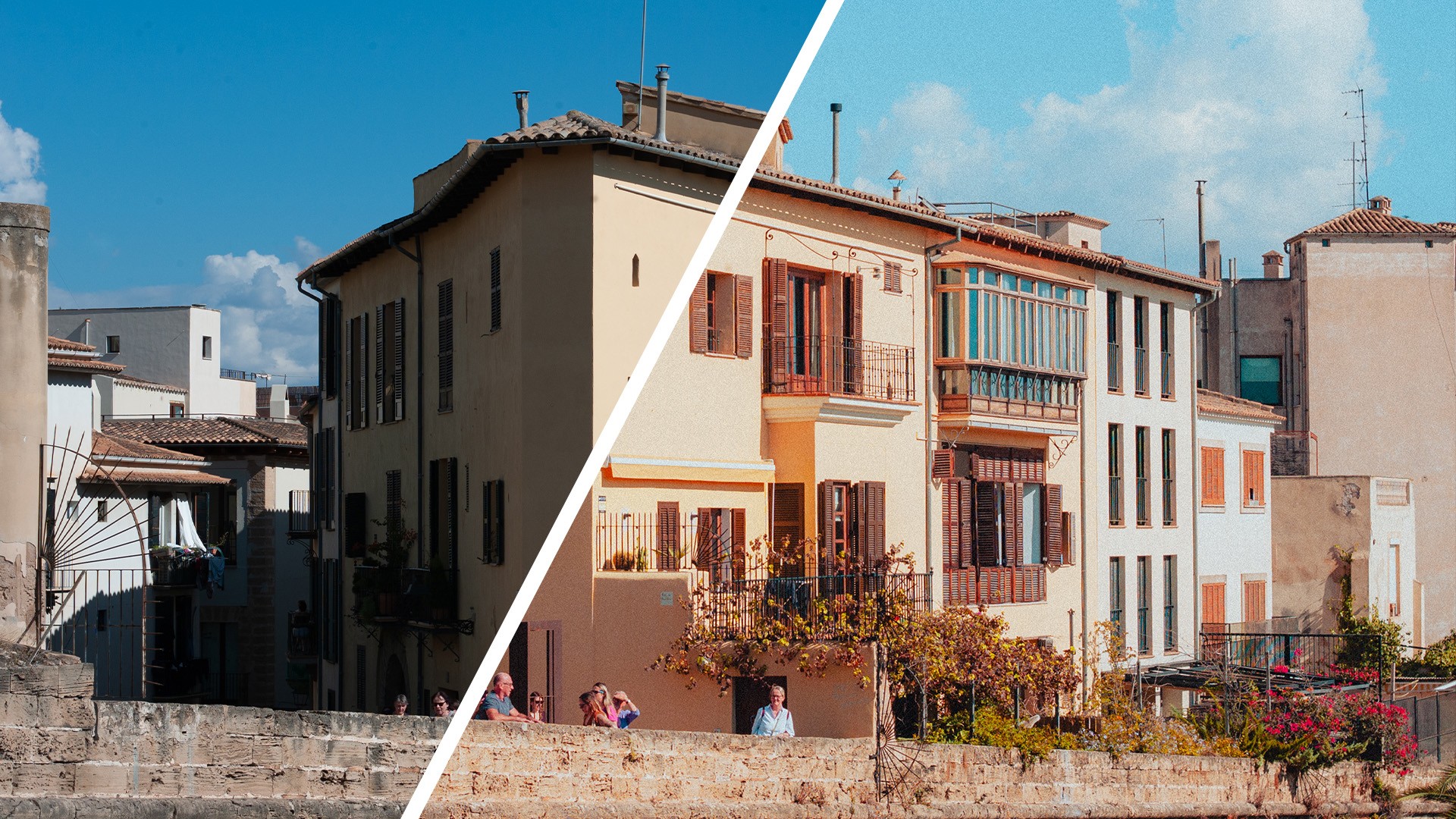 Before and after comparison of edited image of buildings in warm coastal town in spain