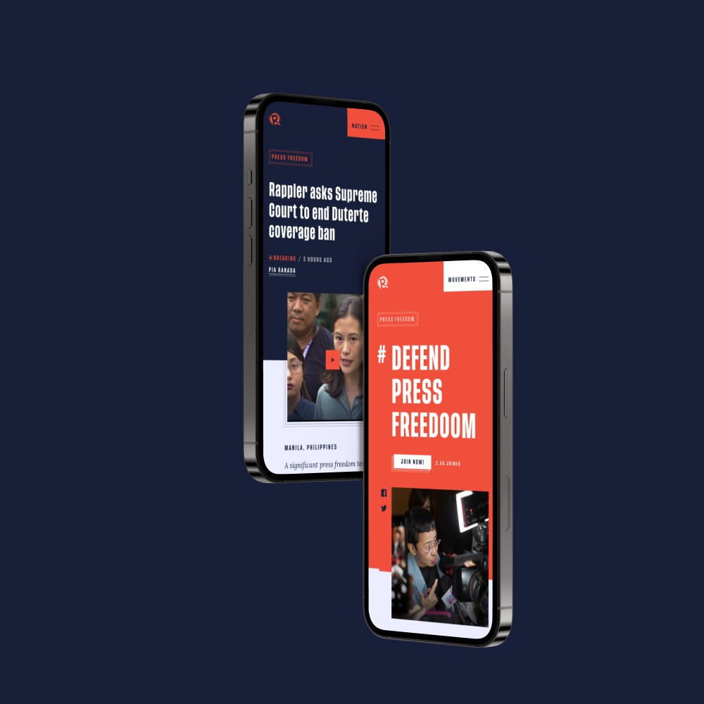 Website for Rappler news, emphasizing press freedom campaigns and breaking news about the Philippine Supreme Court with vibrant red and navy elements.