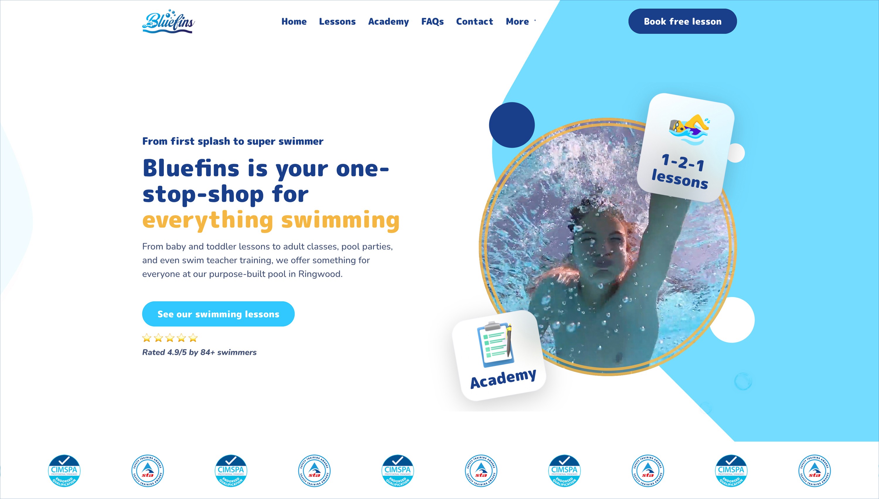 Bluefins swimming website homepage design showing clean layout and booking-focused structure