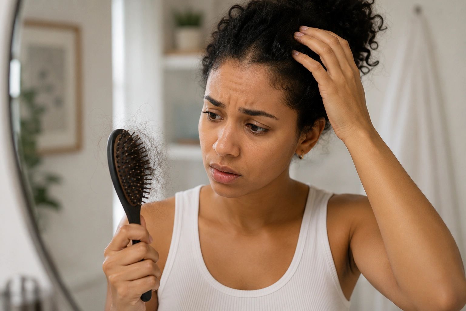 Person examining hair loss in a hairbrush while looking in a bathroom mirror.